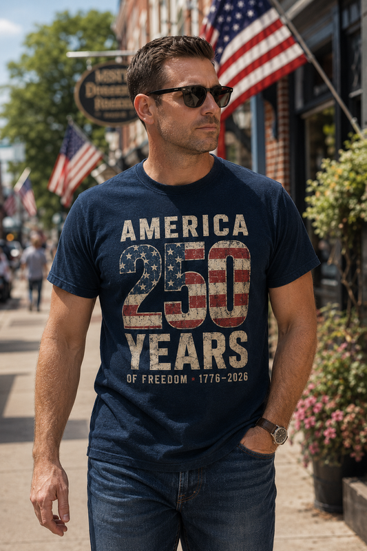 America 250 Years of Freedom Bold Typography Patriotic Shirt | Flag Fill 250th A